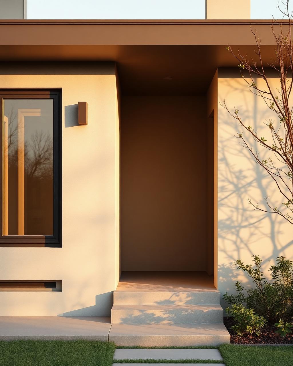 Warm morning light on the entrance of a modern home
